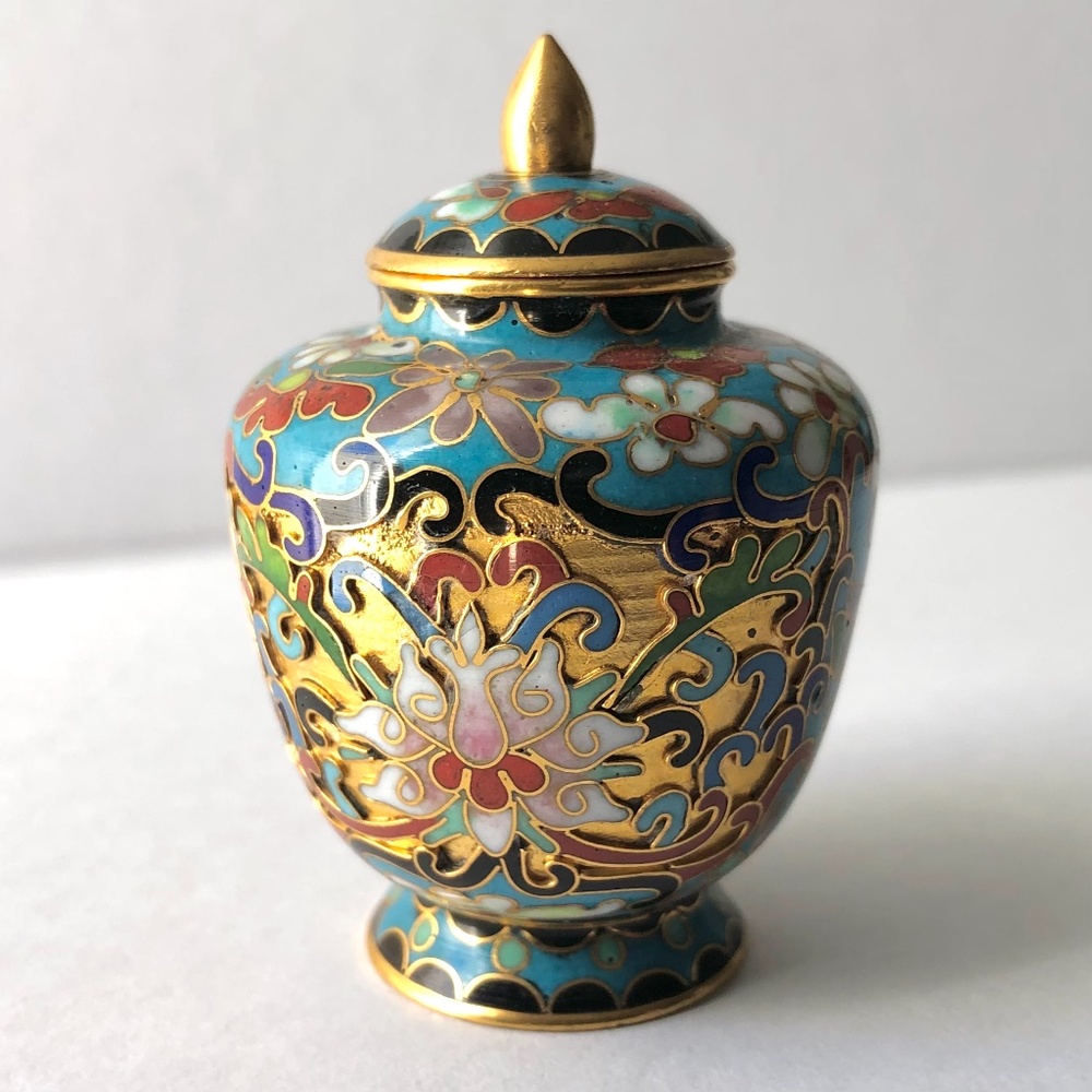 Chinese lotus flower cloisonne ginger jar vase with lid blue gold brass enamel - Picture 13 of 16